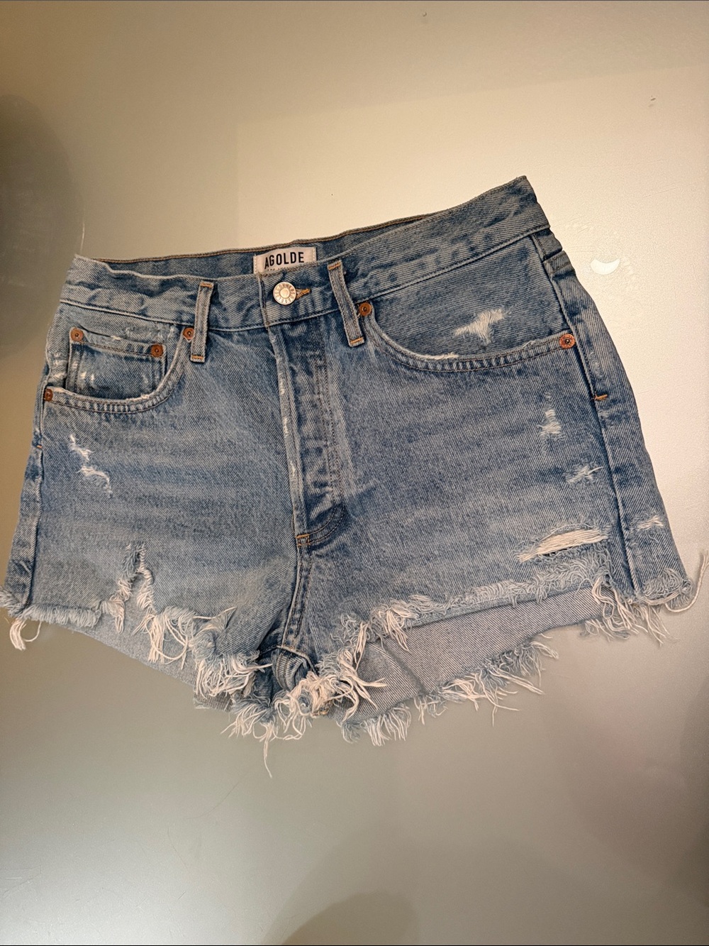 Agolde Light Wash Distressed Denim Cutoff Shorts